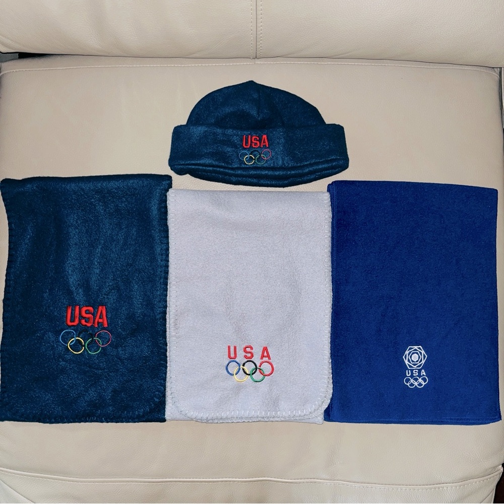 New USA OLYMPIC RINGS FLEECE NAVY HAT & 3 SCARVES 57x10 navy, gray, periwinkle